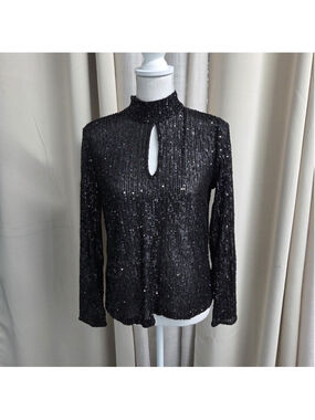 CeCe Black Sequin Women's Top Size M Midnight Glamour Vampy Chic Retro Disco